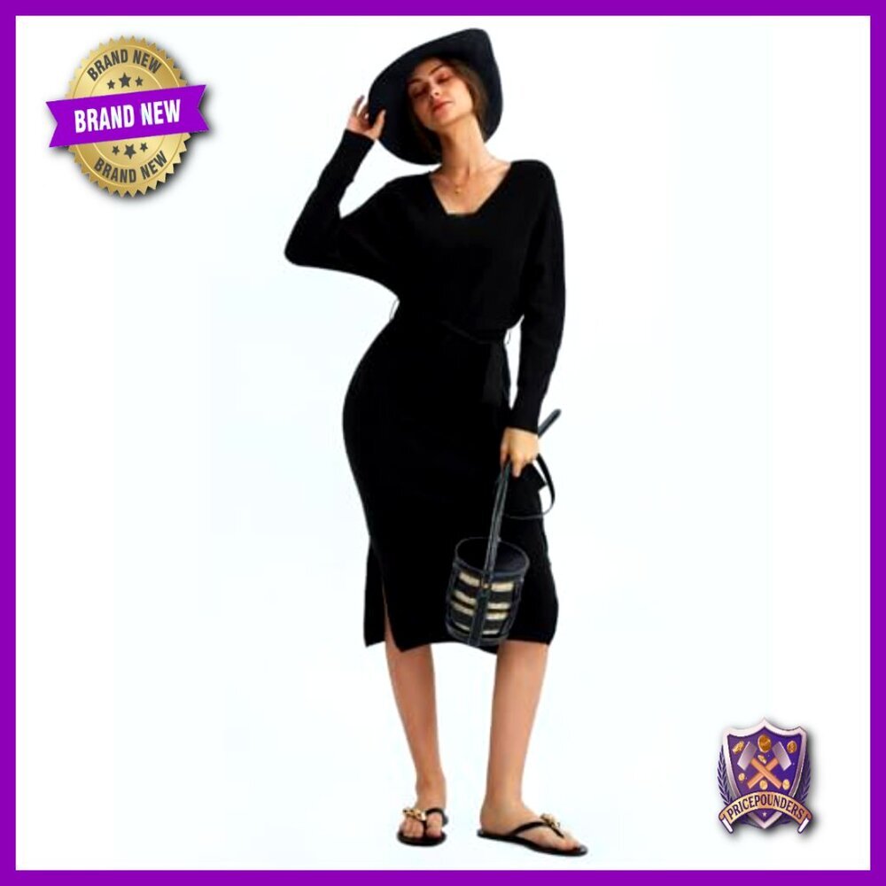 V-Neck Batwing Sleeve Backless Bodycon Midi Dress with Belt - Picture 4 of 7